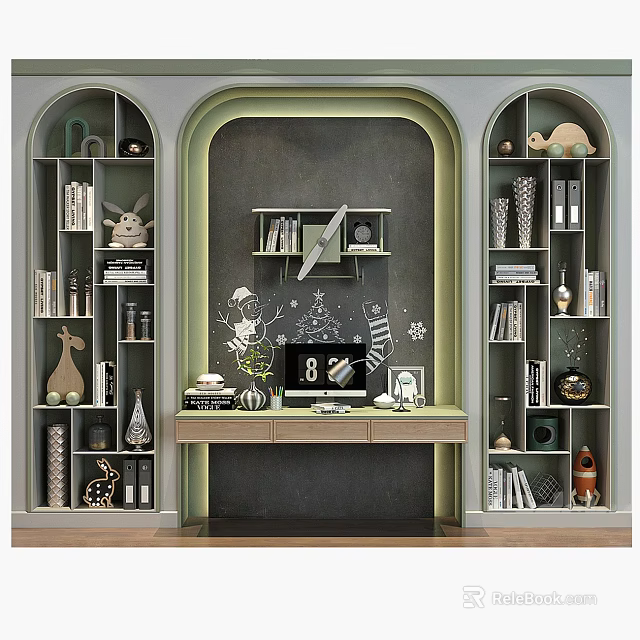 Modern Arched Bookshelves Interior With Central Desk Books And Decorative Items 3d model 
