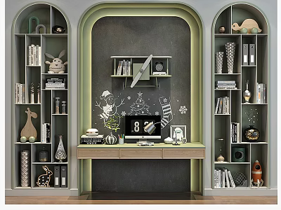 Modern Arched Bookshelves Interior With Central Desk Books And Decorative Items 3d model