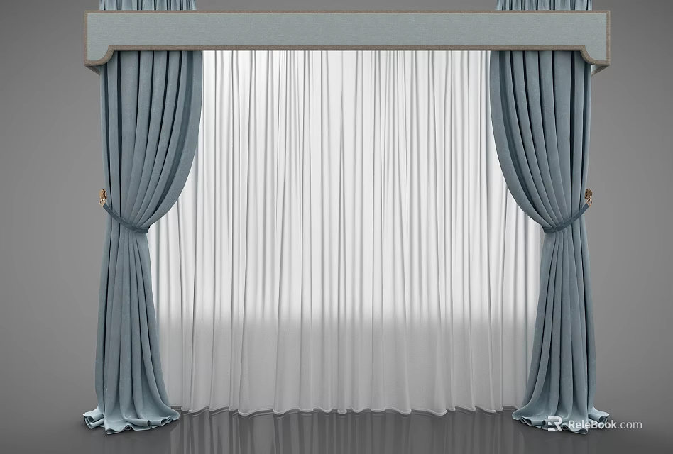 Elegant Blue Curtains With Sheer White Layers Tiebacks And Valance 3d model