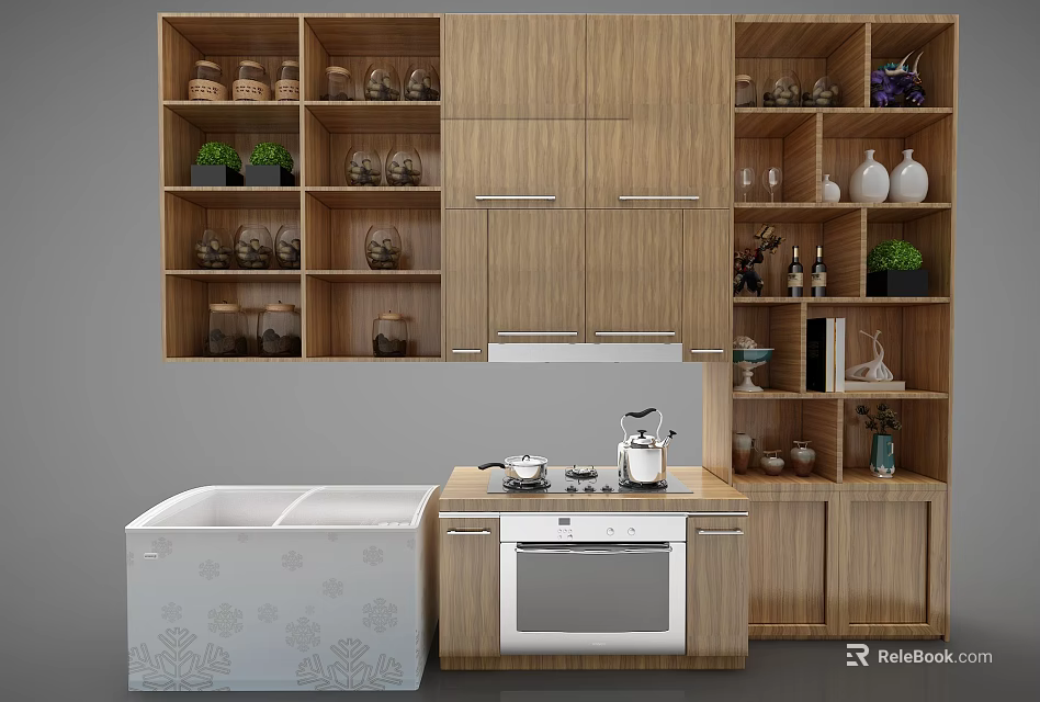 Modern Wooden Decorative Cabinet With Open Storage Shelves Vases And Green Plants 3d model 