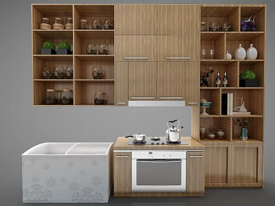 Modern Wooden Decorative Cabinet With Open Storage Shelves Vases And Green Plants 3d model