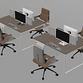 Modern Office Desks With Wooden Top White Cabinets Computer Monitors Dividers And Wheeled Chairs