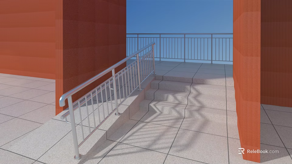 Metal Railing on Terrace Steps With Orange Walls Light Tiles And Blue Sky 3d model 