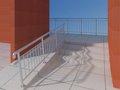 Metal Railing on Terrace Steps With Orange Walls Light Tiles And Blue Sky 3d model
