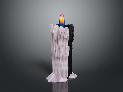 Burning Black And White Candle With Dripping Wax And Blue Yellow Flame 3d model