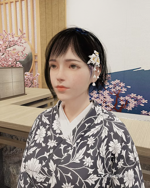 Japanese Woman Wearing Floral Kimono In Traditional Setting With Cherry Blossoms 3d model 