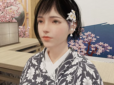Japanese Woman Wearing Floral Kimono In Traditional Setting With Cherry Blossoms 3d model