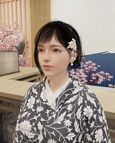Japanese Woman Wearing Floral Kimono In Traditional Setting With Cherry Blossoms 3d model