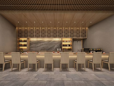 Modern Restaurant Interior With Wooden Ceiling Bar Counter Arranged Chairs And Stone Backdrop 3d model