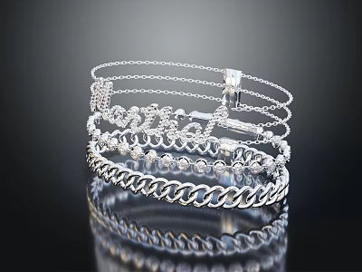 Stacked Silver Bracelets With Multiple Chain Layers And Shiny Diamond Accents 3d model