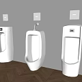 Three White Urinals Mounted On Grey Wall With Square Panels Above And Wooden Floor