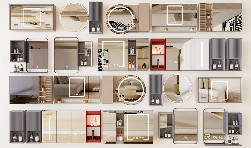 Various Stylish Mirror Designs For Bathroom Bedroom With Cabinets And Lighting 3d model 