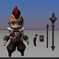 Fierce Game Character With Red Spiky Hair Facial Markings Feather Accessories And Spear Weapons 3d model