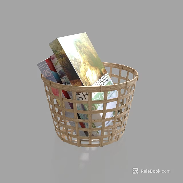 Wicker Storage Basket Holding Stack of Books for Home Organization and Decor 3d model 