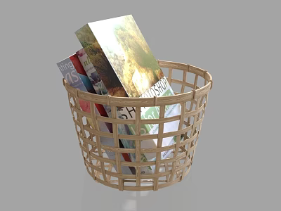 Wicker Storage Basket Holding Stack of Books for Home Organization and Decor 3d model