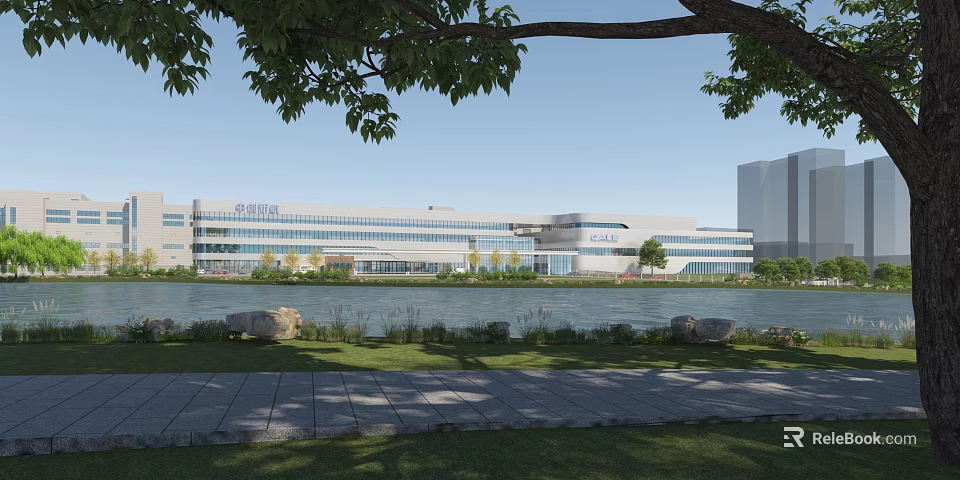 Modern Industrial Factory Building Exterior With Lakefront Greenery Trees And Landscaping 3d model 