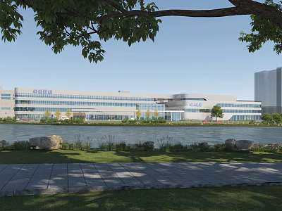 Modern Industrial Factory Building Exterior With Lakefront Greenery Trees And Landscaping 3d model