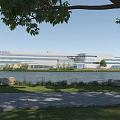 Modern Industrial Factory Building Exterior With Lakefront Greenery Trees And Landscaping