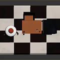 Stylish Game Movie Character Standing By Table Chair And Vending Machine On Checkered Platform