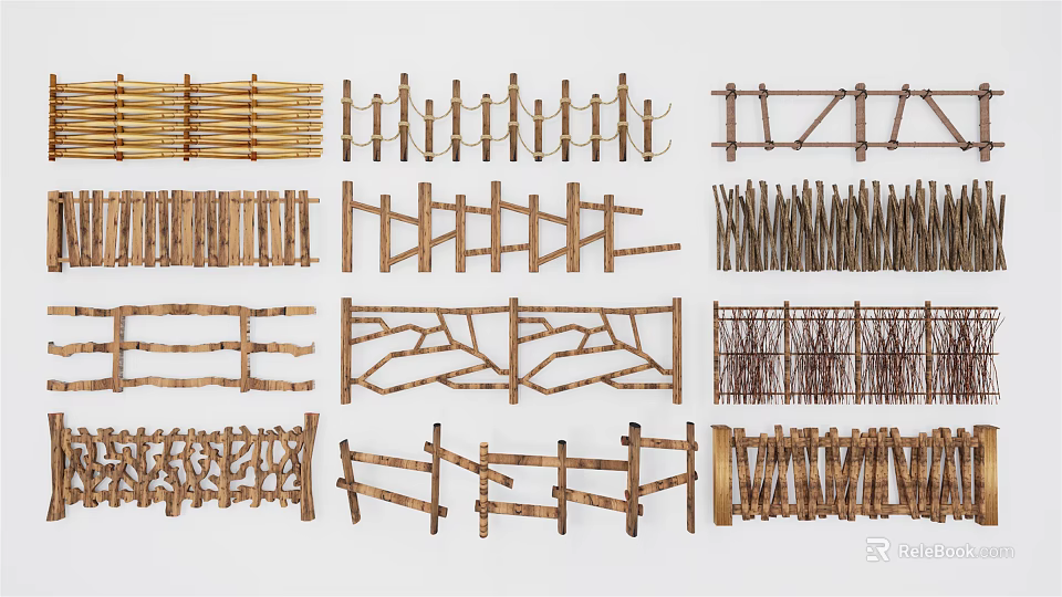 Various Wooden Fence Designs With Natural Branch And Cross Patterns 3d model 