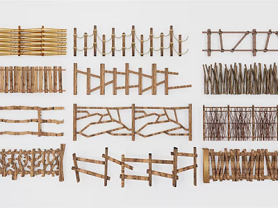 Various Wooden Fence Designs With Natural Branch And Cross Patterns 3d model