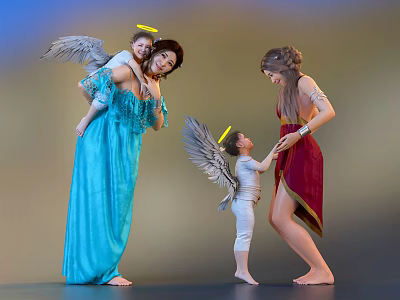 Two Women In Colorful Dresses Interacting With Winged Haloed Children 3d model