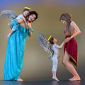 Two Women In Colorful Dresses Interacting With Winged Haloed Children