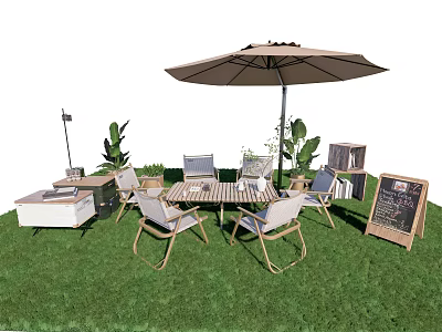 Outdoor Garden Dining Table And Chairs Set With Umbrella Plants And Chalkboard 3d model
