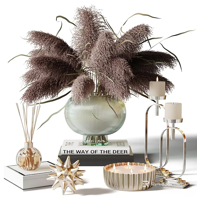 Elegant Decorative Ornament Set with Pampas Grass Vase Candles Diffuser and Gold Star 3d model 