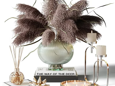 Elegant Decorative Ornament Set with Pampas Grass Vase Candles Diffuser and Gold Star 3d model