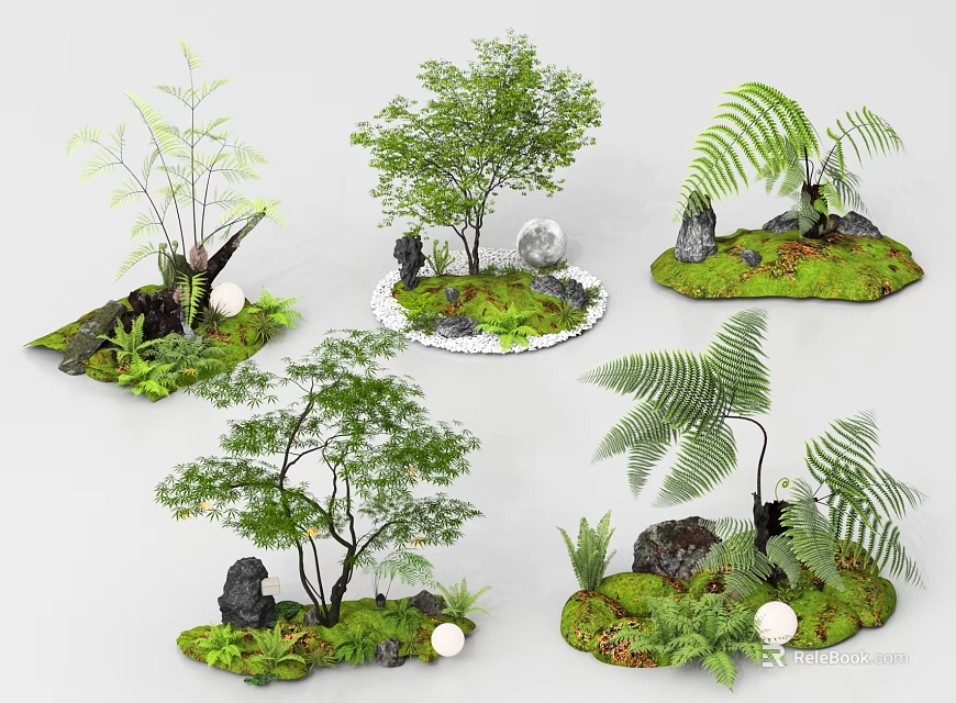 Miniature Landscape Models With Trees Ferns Stones Moss And Round Glowing Objects 3d model