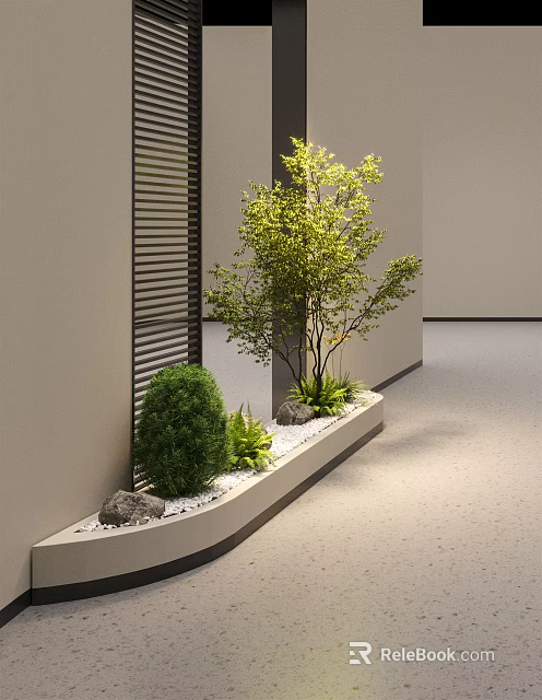 Elegant Bonsai Plants In Long Planter With Small Stones And Low Shrubs Near Light-Colored Walls 3d model 