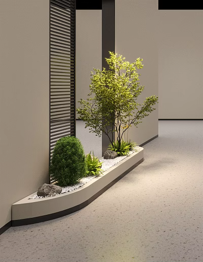 Elegant Bonsai Plants In Long Planter With Small Stones And Low Shrubs Near Light-Colored Walls 3d model
