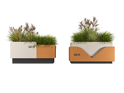 Modern Garden Planters With Two Tone Design And Decorative Grasses For Outdoor Decor 3d model