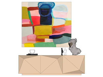 Colorful Abstract Painting Above Geometric Cabinet With Koala Figurine And Decorative Items 3d model