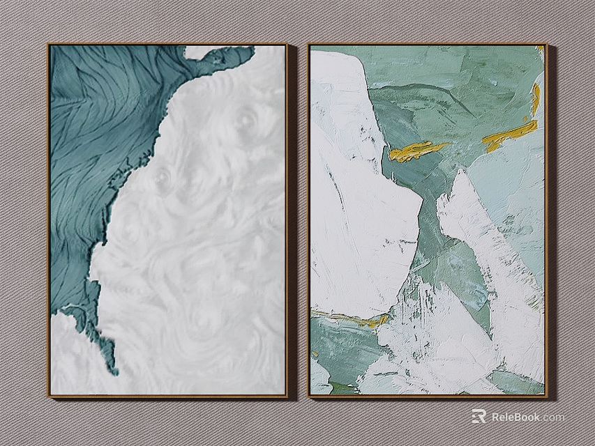 Abstract Wall Art Set With Teal White Light Green Yellow Wave Textures In Dark Frames 3d model 