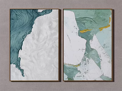 Abstract Wall Art Set With Teal White Light Green Yellow Wave Textures In Dark Frames 3d model