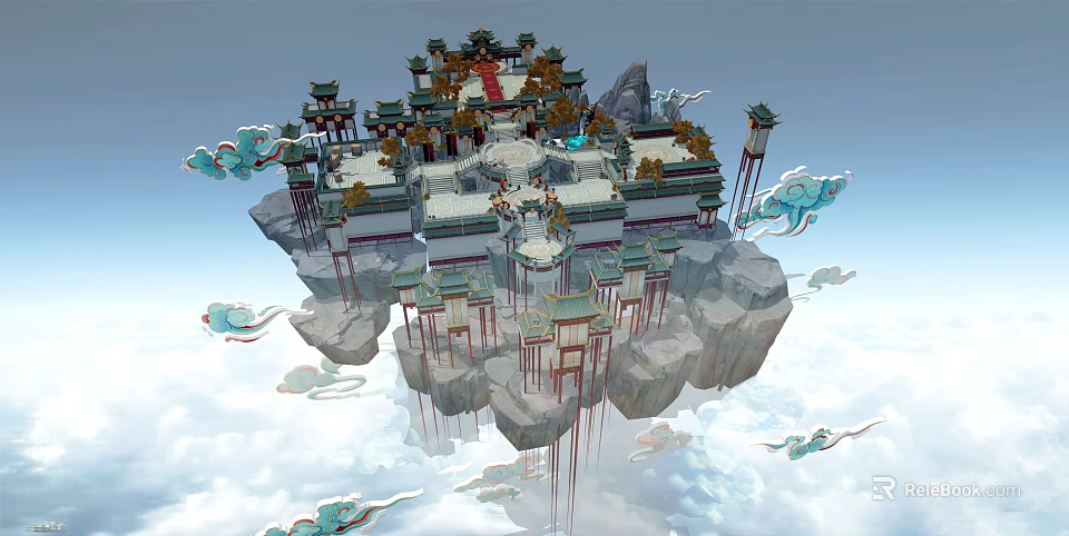 Ancient Chinese Architecture Floating On Rocky Platform Surrounded By Clouds With Ornate Eaves And Pavilions 3d model 
