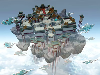 Ancient Chinese Architecture Floating On Rocky Platform Surrounded By Clouds With Ornate Eaves And Pavilions 3d model