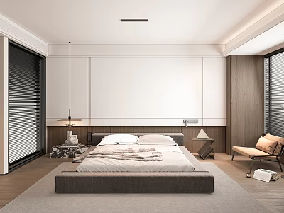 Modern Bedroom Interior With Platform Bed Nightstands Accent Chair And Wooden Paneling 3d model