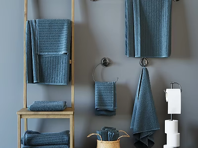 Blue Cotton Bathroom Towels Washcloths With Hangers Tissue Holders And Storage Basket 3d model