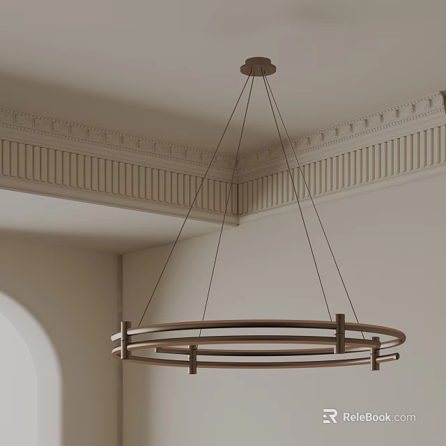 Modern Round Metal Frame Chandelier In Interior With Decorative Ceiling Cornice 3d model 