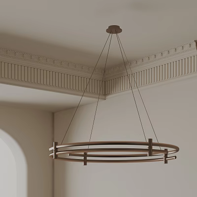 Modern Round Metal Frame Chandelier In Interior With Decorative Ceiling Cornice 3d model