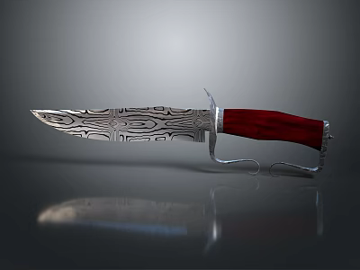 Artisan Crafted Knife With Patterned Blade Red Handle And Metal Guard 3d model