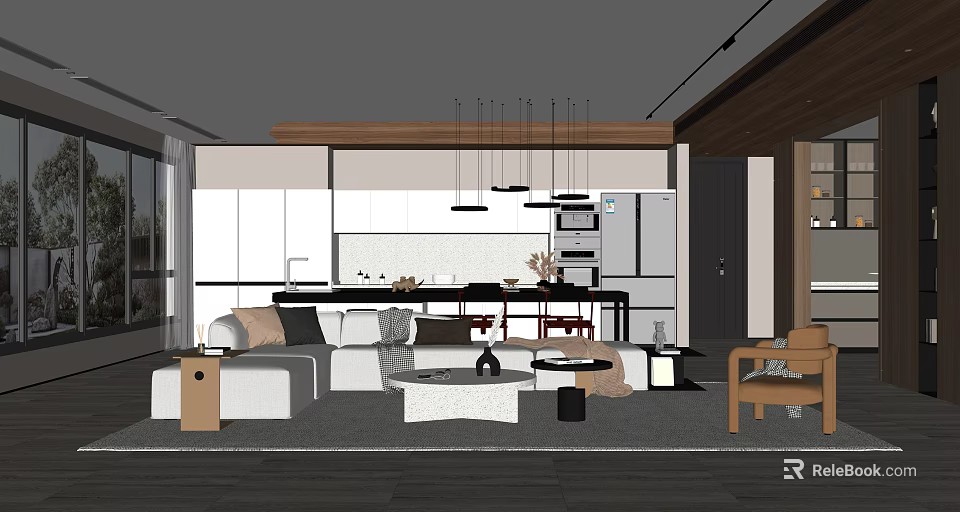 Modern Living Dining Room Interior With Open Layout Sofa Dining Table And Pendant Lights 3d model