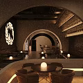 Modern Bar Interior With Arched Design Warm Lighting Wine Racks And Round Tables