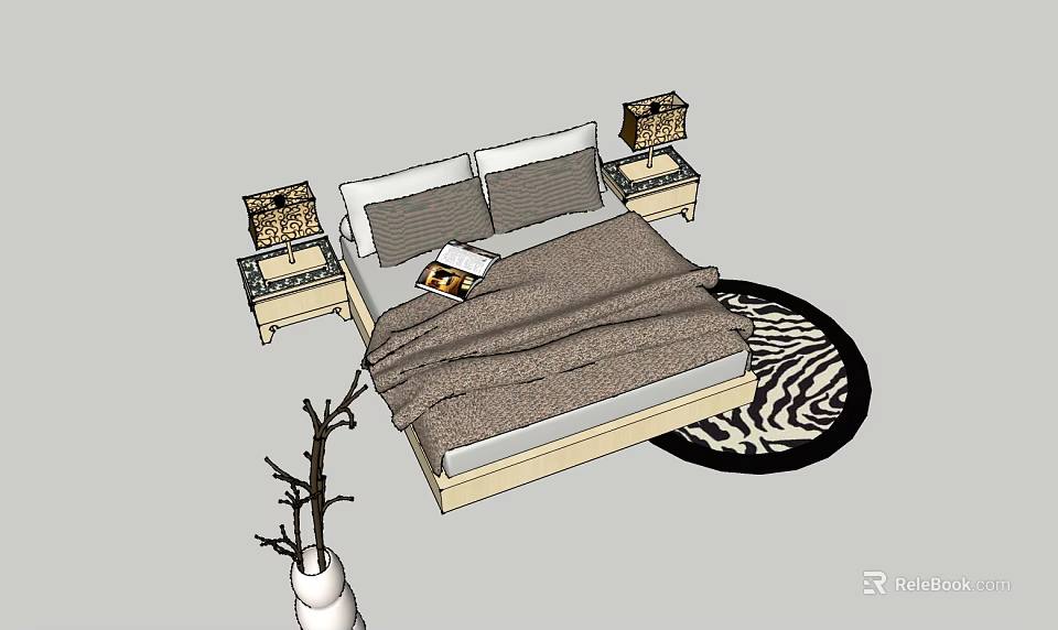 Double Bed With Nightstands Table Lamps Blanket And Zebra Patterned Rug 3d model