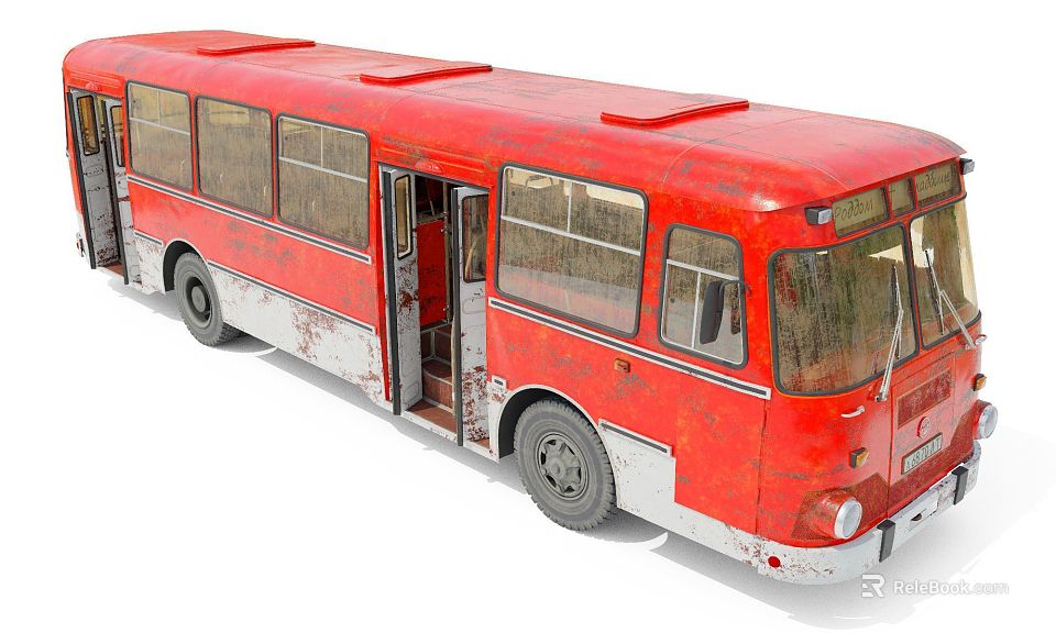 Red Vintage Bus With Open Doors And Worn Exterior 3d model 