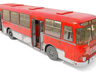 Red Vintage Bus With Open Doors And Worn Exterior 3d model