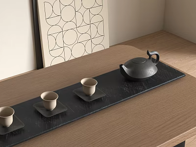 Traditional Tea Set with Black Teapot and Light Colored Teacups on Wooden Tabletop with Geometric Wall Art 3d model